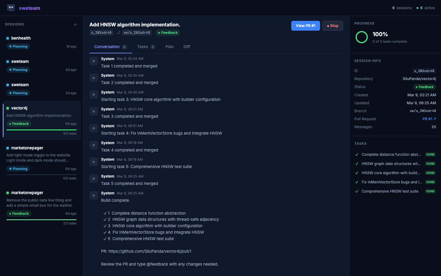 sweteam session detail view with tasks and progress